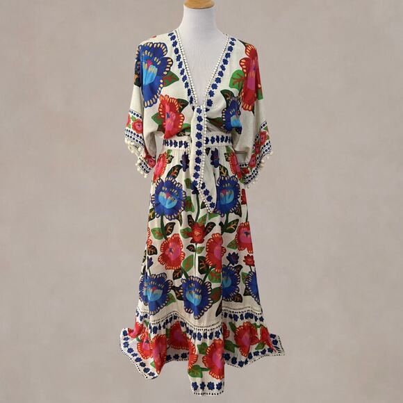 FARM Rio Dresses & Skirts - NEW Farm Rio Doce Flor Midi Dress M Floral Tie Front Linen Pom Pom
